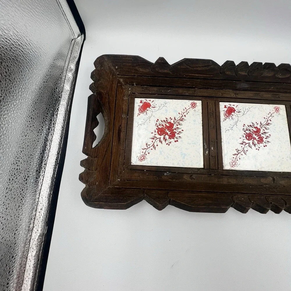 Vintage Hand Carved Mexican Folk Art Wood Serving Tray Ceramic Tiles 20 x 9 in